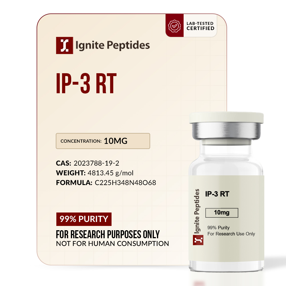 Clear glass vial and branded box of Ignite Peptides Ip 3 Rt.