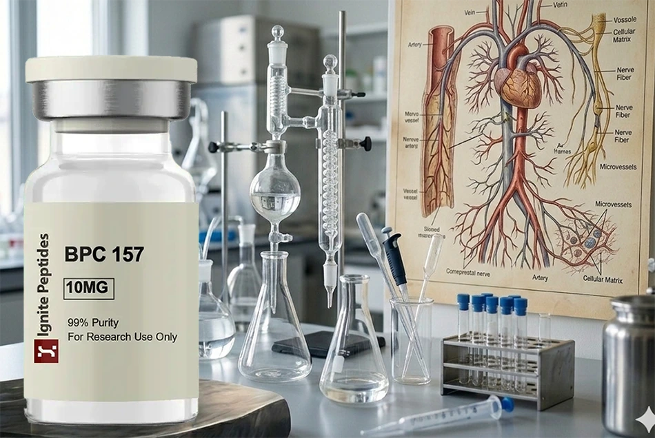 BPC-157 10mg research peptide vial placed on a laboratory bench with glass lab equipment and anatomical vascular system chart in the background.