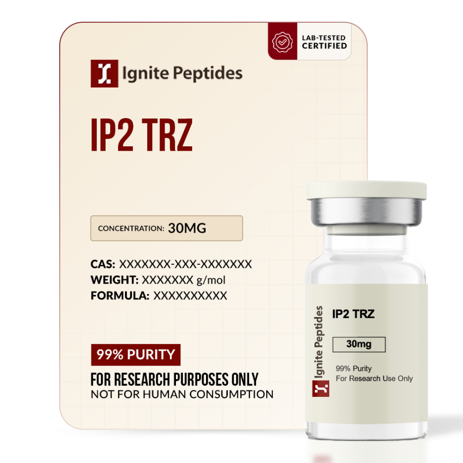 Clear glass vial of Ignite Peptides Ip2 Trz 30mg with branded product box.