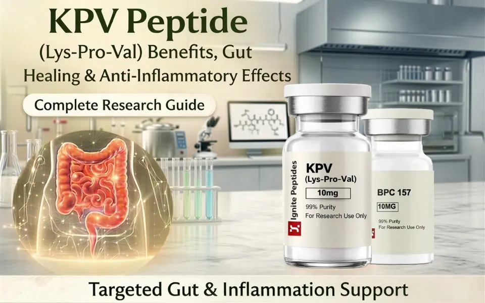 KPV peptide research vials in a laboratory with a digestive system illustration showing gut healing and anti-inflammatory support