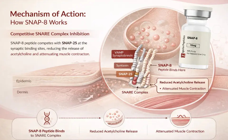SNAP-8 peptide mechanism showing competitive inhibition of SNAP-25 in the SNARE complex and reduced acetylcholine release.