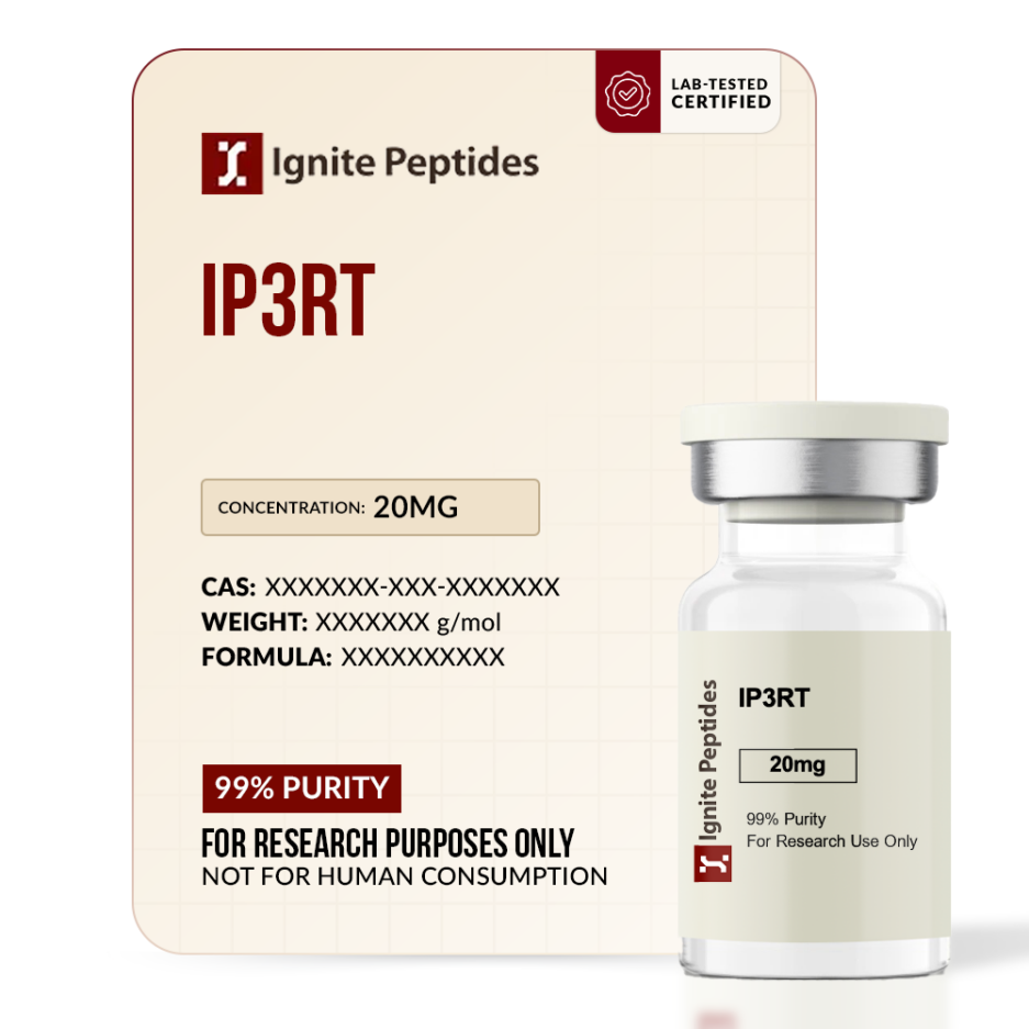 Clear glass vial and box for Ignite Peptides Ip3rt 20mg.
