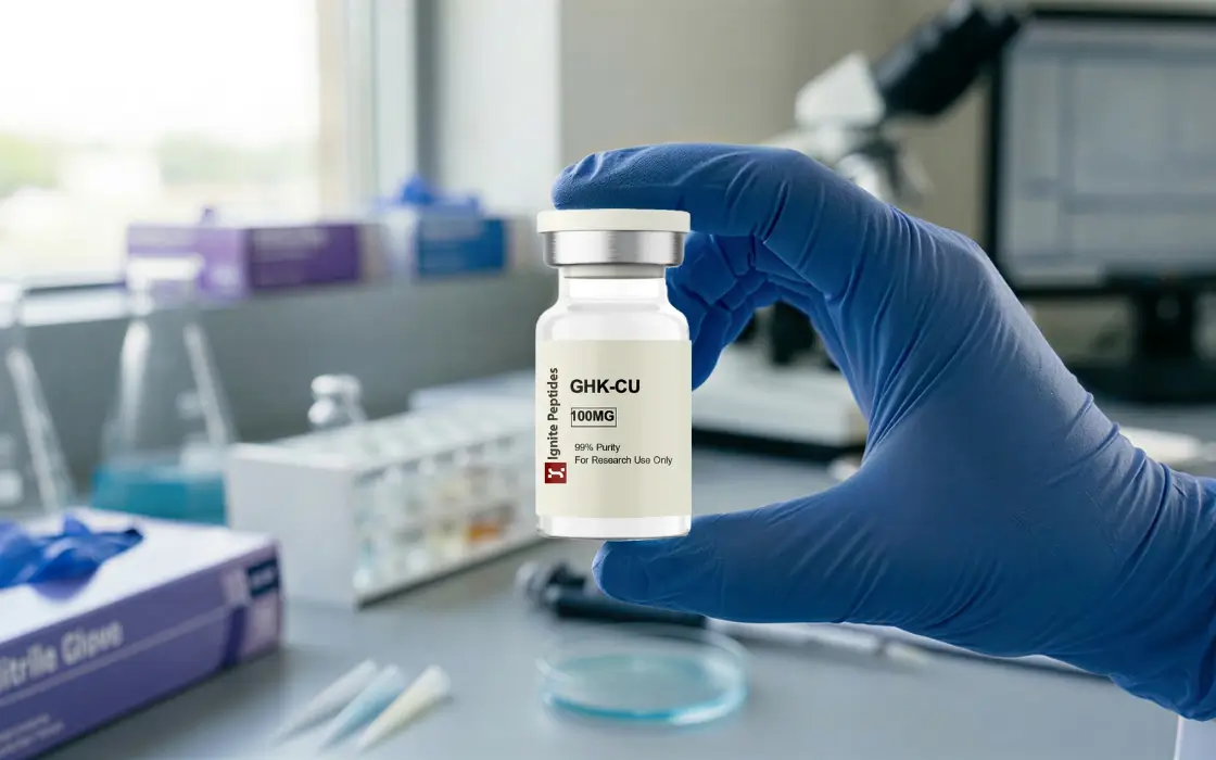 Researcher holding a GHK-Cu peptide vial in a laboratory during anti-aging peptides research on cellular repair and longevity science.