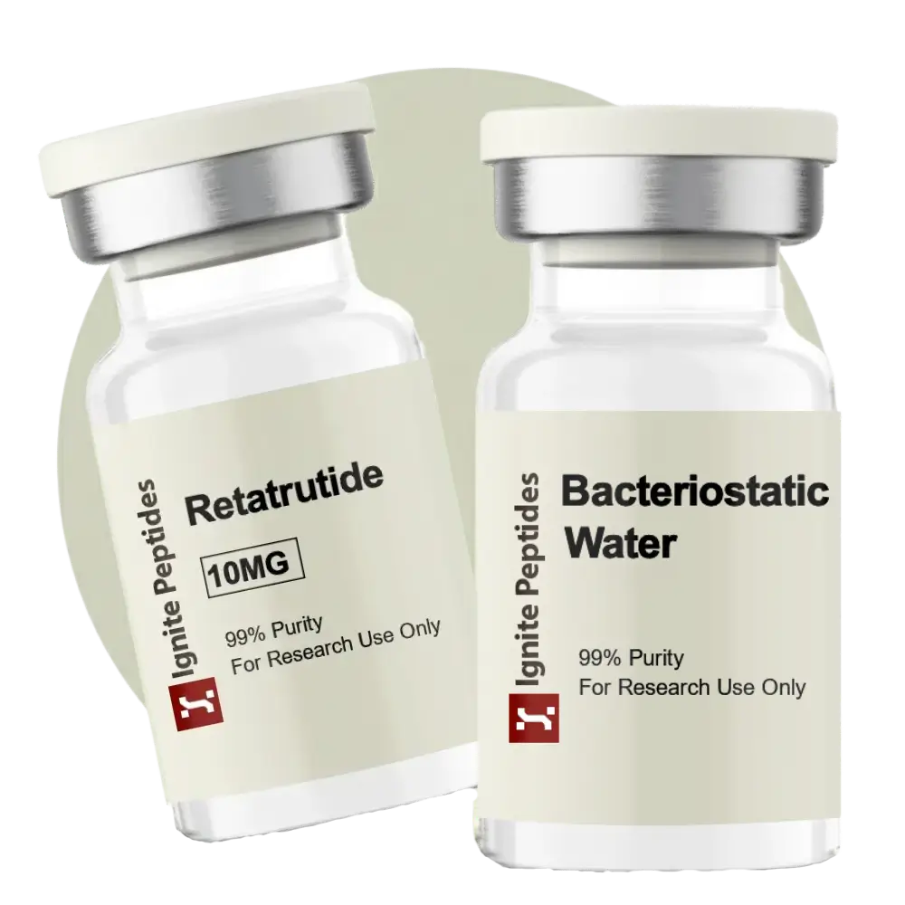 Two glass vials side-by-side: one containing 10mg Retatrutide and the other containing Bacteriostatic Water for research reconstitution.