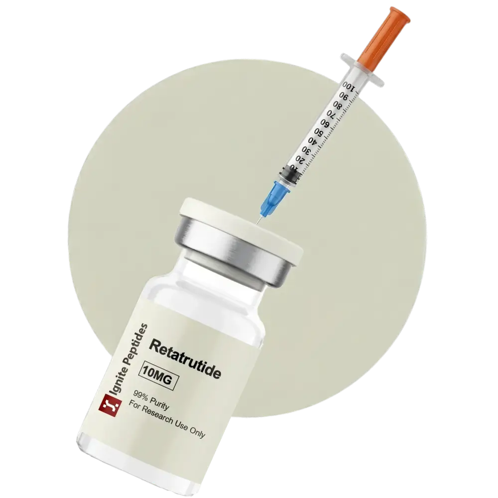 An insulin syringe with a blue needle hub being inserted into the top of a 10mg Retatrutide vial to demonstrate the reconstitution process.