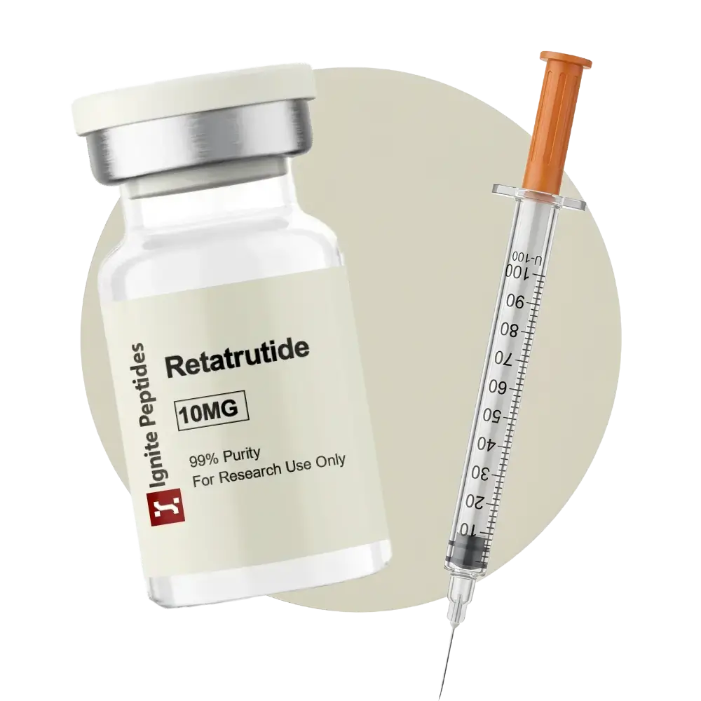 A 10mg vial of Retatrutide next to a standard U-100 insulin syringe with an orange plunger.