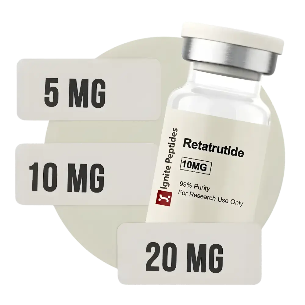 A 10mg vial of Retatrutide by Ignite Peptides displayed alongside labels for 5mg, 10mg, and 20mg dosage options.