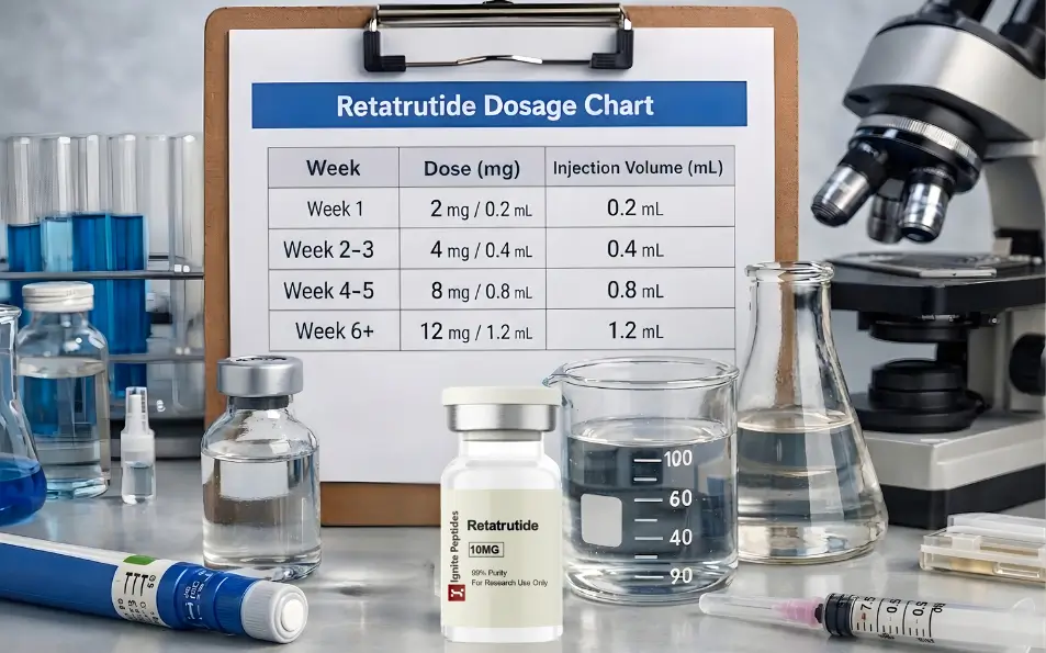 A detailed Retatrutide dosage chart displayed on a clipboard in a laboratory setting next to a vial of Retatrutide and scientific equipment.
