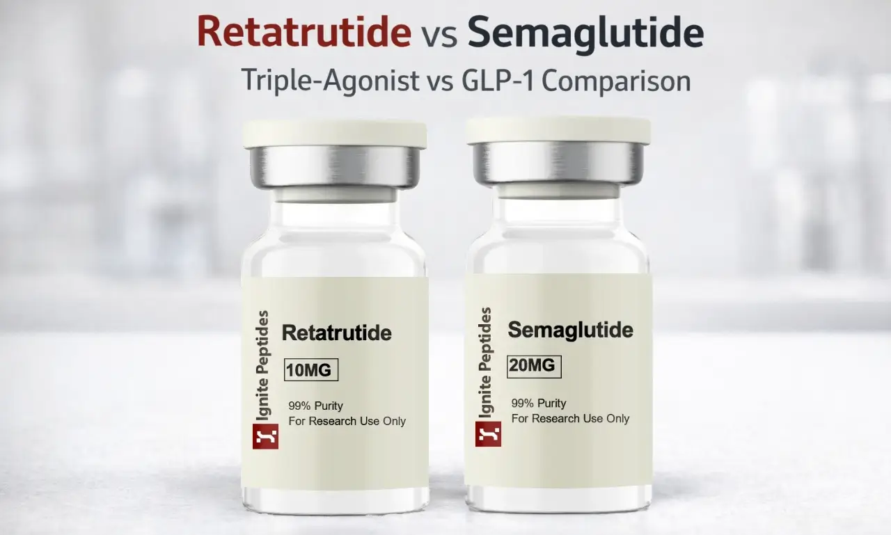 A comparison of Retatrutide vs Semaglutide research vials, highlighting the difference between a triple-agonist and a GLP-1.