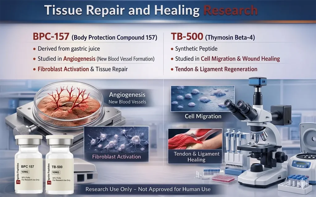 A laboratory research infographic comparing the properties of BPC-157 and TB-500 peptides, showing angiogenesis, fibroblast activation, cell migration, and tendon healing under a microscope.