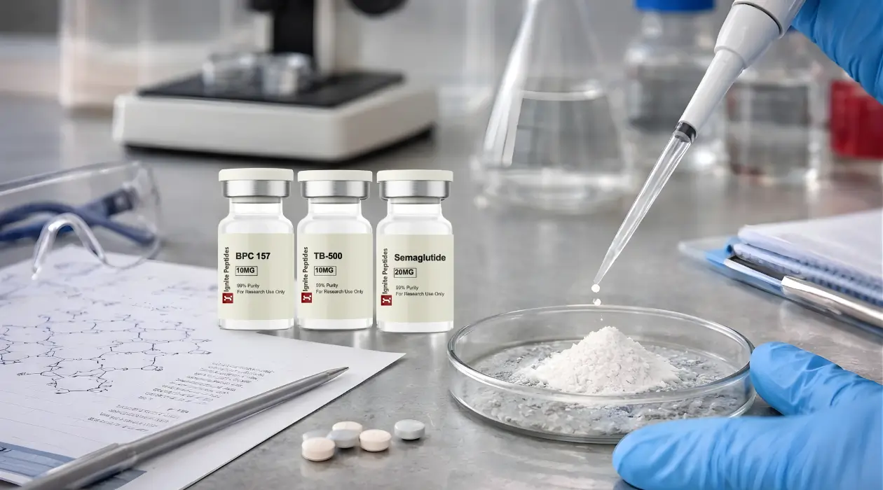 What are research peptides, Ignite Peptides vials of BPC-157 10mg, TB-500 10mg, and Semaglutide 20mg placed on a laboratory bench with a scientist using a pipette and petri dish in the background