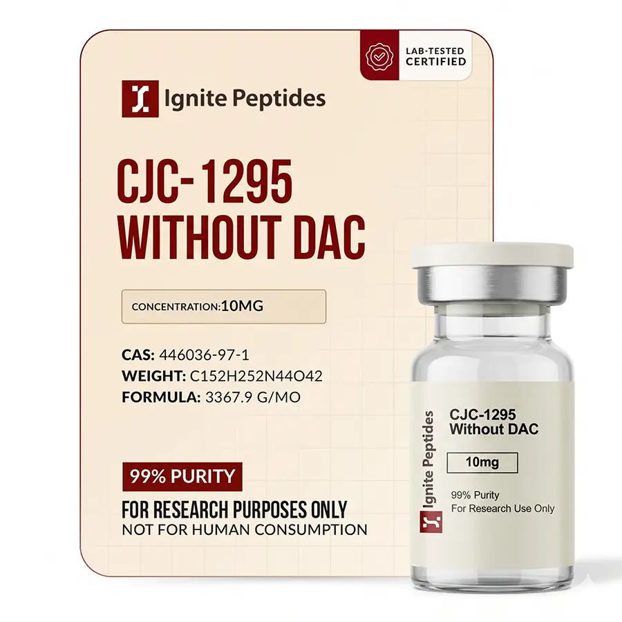 CJC-1295 without DAC 10mg vial by Ignite Peptides with 99% purity label and lab-tested certification