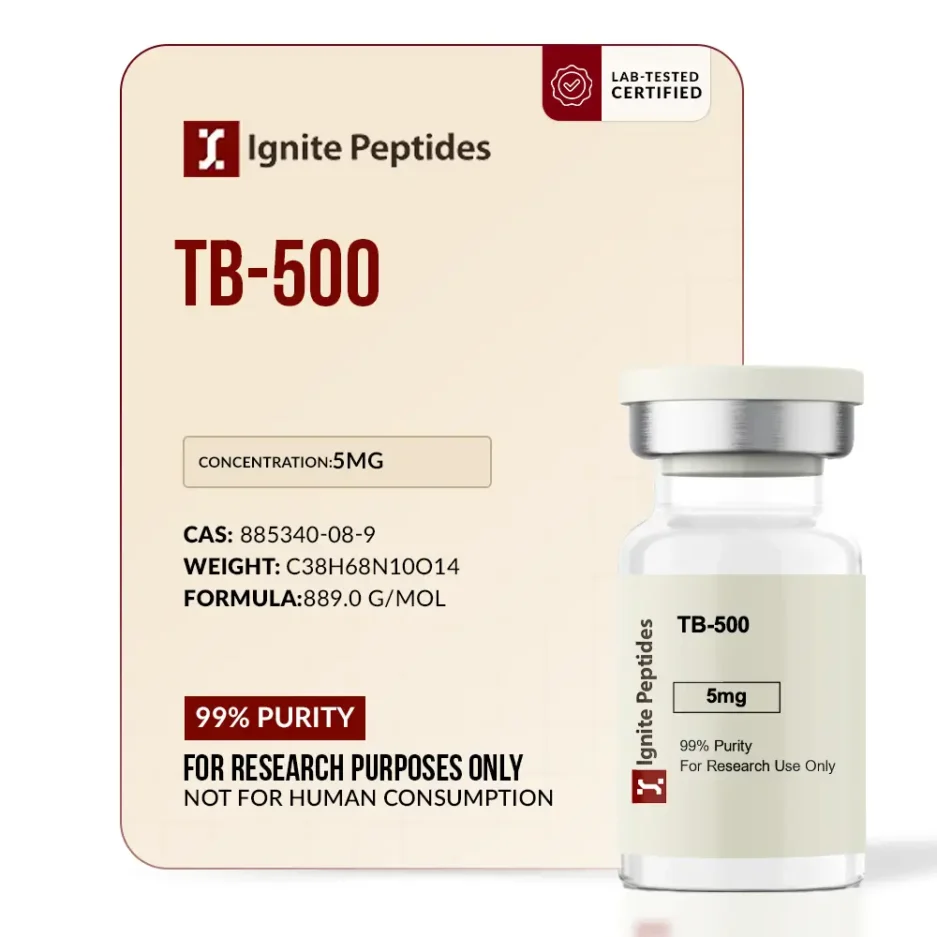 Professional vial of TB-500 5mg peptide for research use, showing 99% purity and laboratory certification from Ignite Peptides.