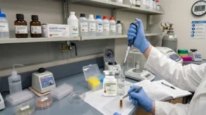 Researcher demonstrating how to store reconstituted peptides by pipetting aliquots into sterile PTFE-lined vials using Ignite Peptides bacteriostatic water on a laboratory bench