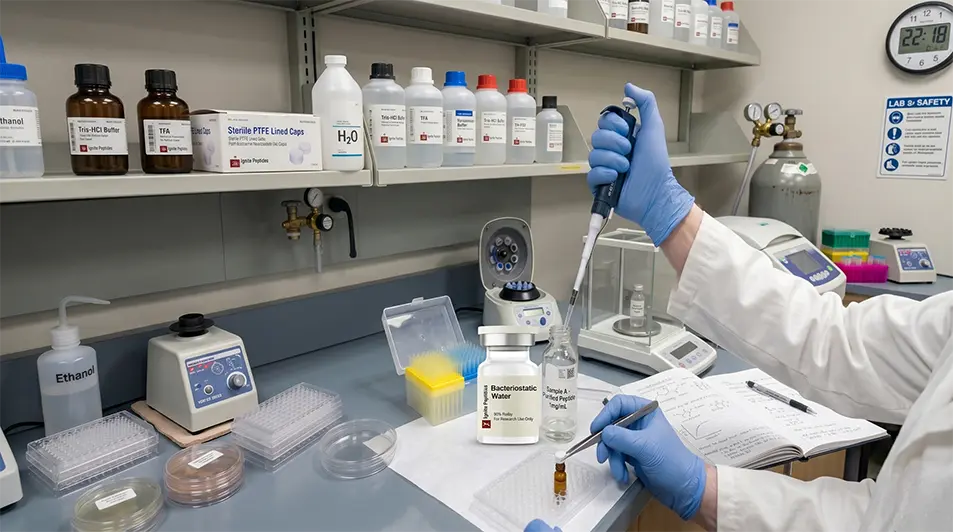 Researcher demonstrating how to store reconstituted peptides by pipetting aliquots into sterile PTFE-lined vials using Ignite Peptides bacteriostatic water on a laboratory bench