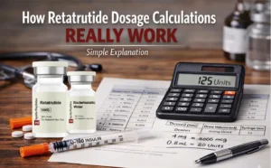 Ignite Peptides infographic featuring a retatrutide dosing calculator with a 10mg peptide vial, bacteriostatic water, and U-100 insulin syringe for precise research measurements.