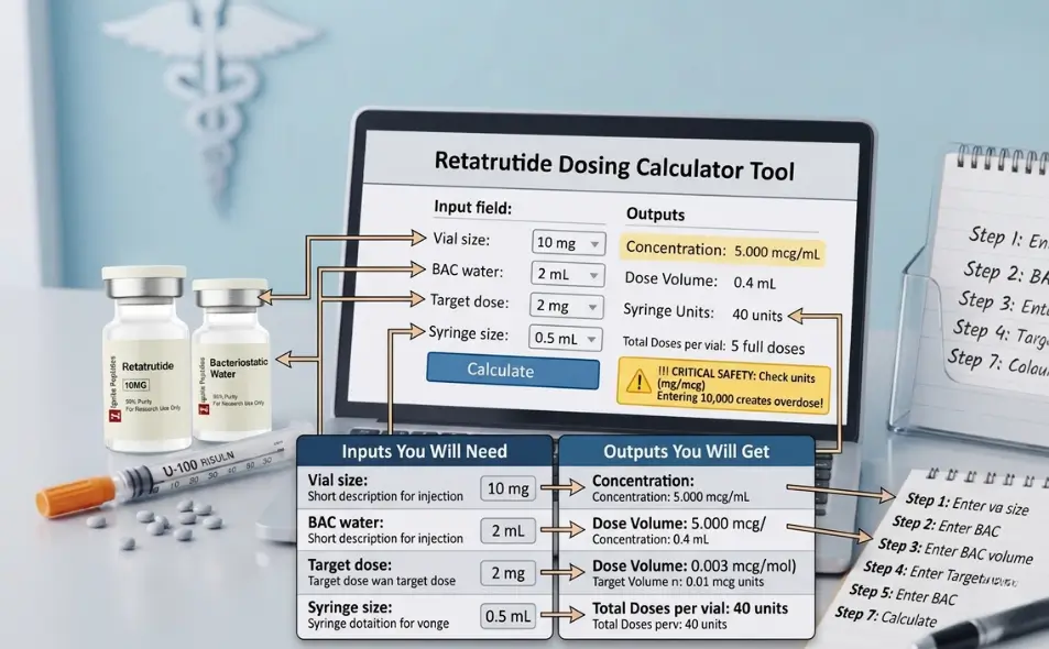 Ignite Peptides infographic showing how to use a retatrutide dosing calculator with a 10mg vial and syringe.