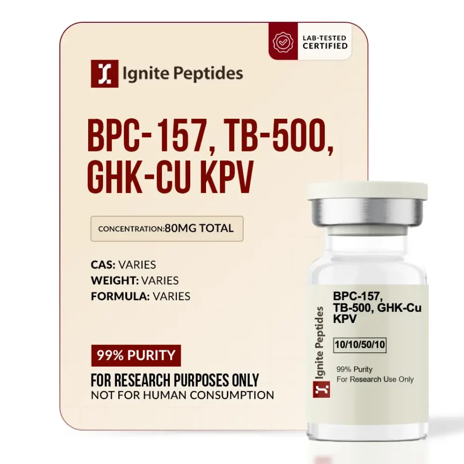 Ignite Peptides Klow80 Blend vial containing BPC-157, TB-500, GHK-Cu, and KPV with 80mg total concentration for research purposes.