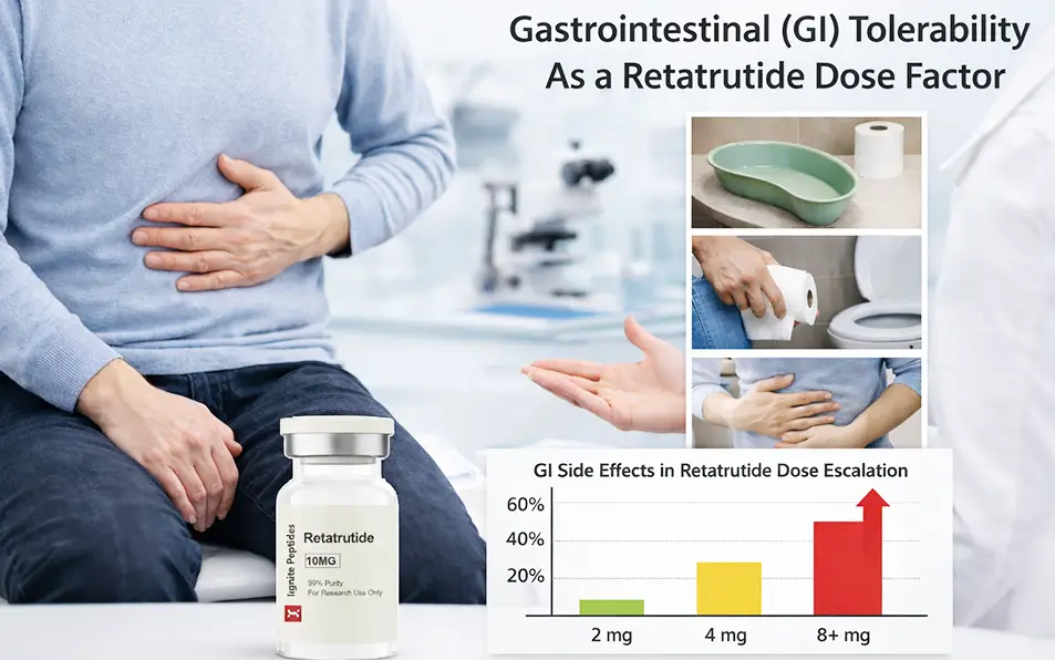 A clinical infographic showing the correlation between retatrutide dose factors and gastrointestinal side effects, featuring a man holding his stomach and a bar graph.
