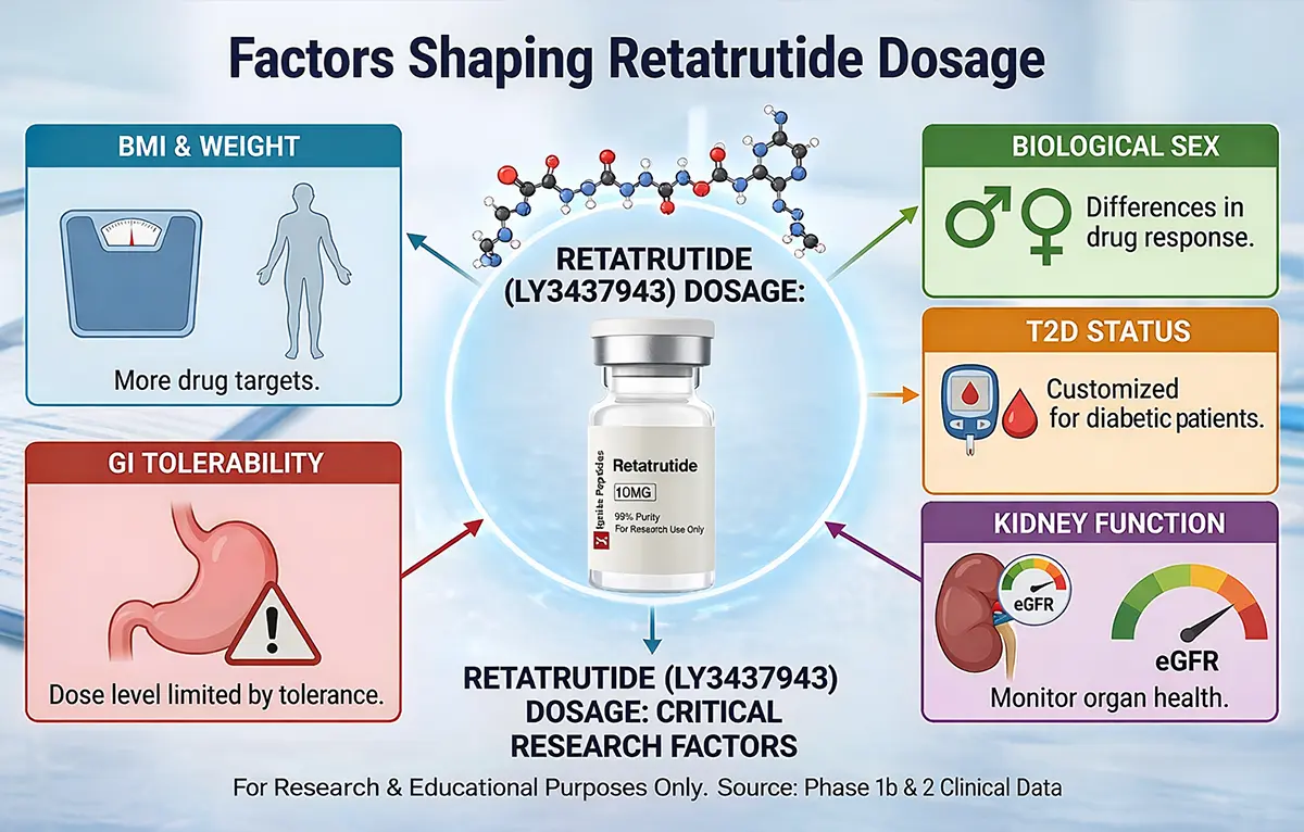 Infographic showing retatrutide dose factors including BMI, weight, biological sex, T2D status, kidney function (eGFR), and GI tolerability based on Phase 1b and 2 clinical data.