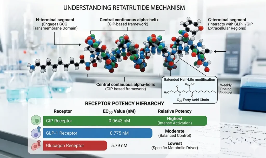 A detailed infographic showing the Retatrutide Mechanism, illustrating its molecular structure, C20 fatty acid chain for extended half-life, and a table of EC50 values for GIP, GLP-1, and Glucagon receptors.