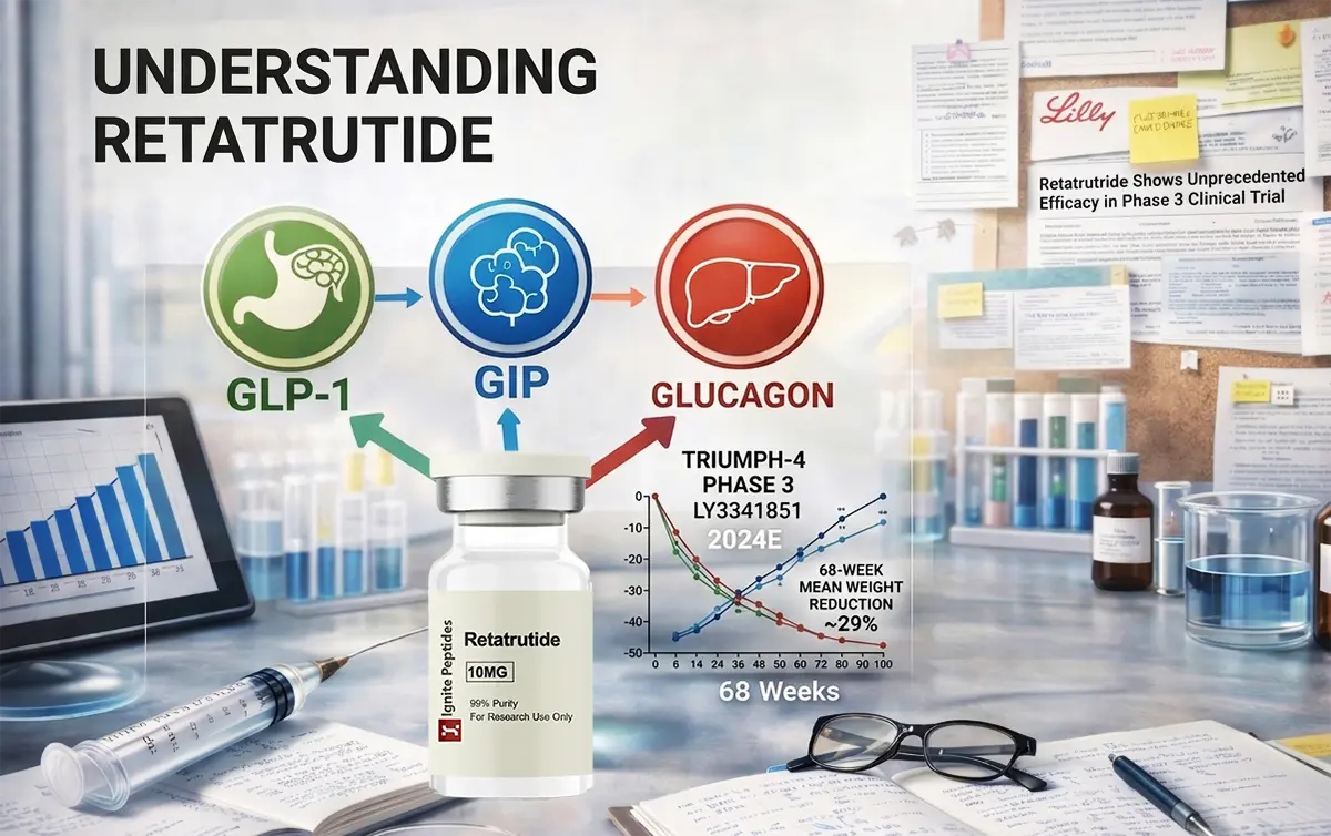 Infographic showing retatrutide research findings, illustrating the mechanism of GLP-1, GIP, and Glucagon receptors alongside a 68-week weight reduction phase 3 trial chart.