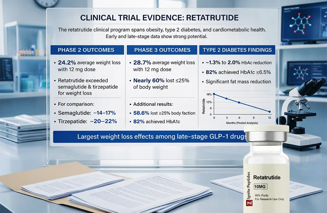 A laboratory setting showing a vial of Retatrutide 10mg next to a digital display summarizing retatrutide research outcomes, including Phase 2 and Phase 3 weight loss data and Type 2 diabetes findings.
