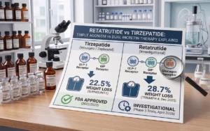 A medical infographic comparing Retatrutide vs Tirzepatide receptors and weight loss results from SURMOUNT-1 and TRIUMPH-4 trials.
