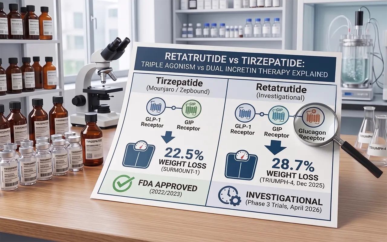A medical infographic comparing Retatrutide vs Tirzepatide receptors and weight loss results from SURMOUNT-1 and TRIUMPH-4 trials.