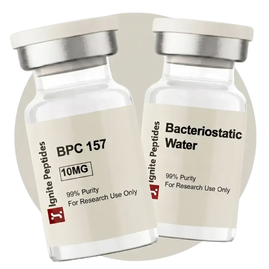 BPC-157 10mg lyophilized vial placed next to a Bacteriostatic Water vial, both labeled Ignite Peptides 99% Purity For Research Use Only