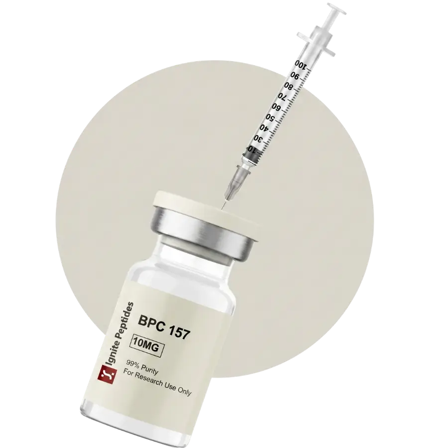 BPC-157 10mg lyophilized vial with insulin syringe inserted through the stopper for reconstitution, Ignite Peptides, for research use only