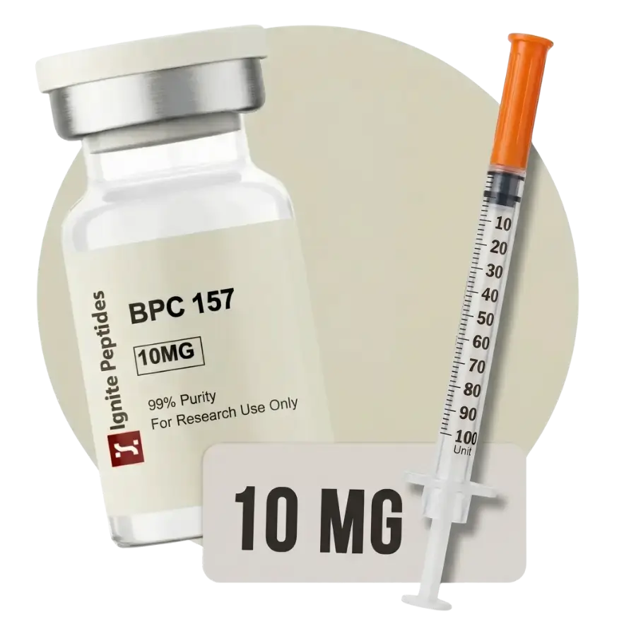 BPC-157 10mg lyophilized vial by Ignite Peptides placed next to a U-100 insulin syringe with a 10mg dose label, for research use only