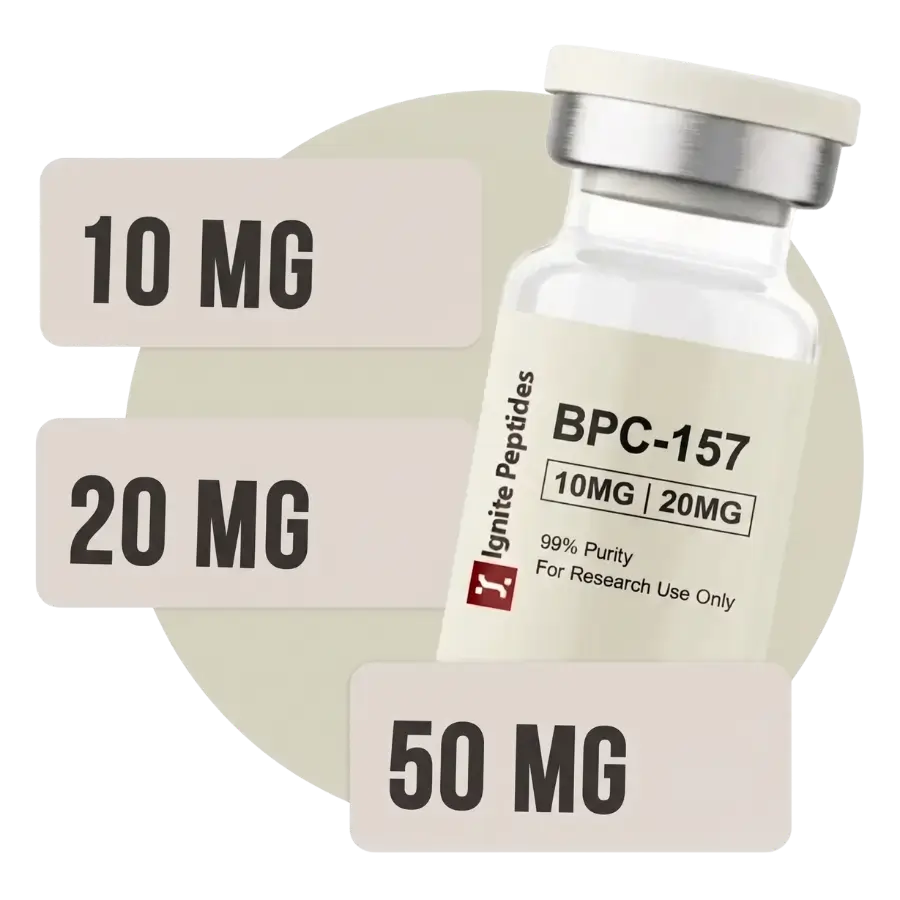 BPC-157 lyophilized vial labeled 10mg and 20mg by Ignite Peptides displayed alongside three dosage option labels showing 10mg, 20mg, and 50mg vial strengths