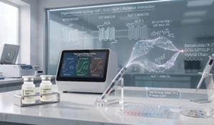 Lab desk displaying CagriSema research vials, a syringe pen, and digital peptide synergy graphs.