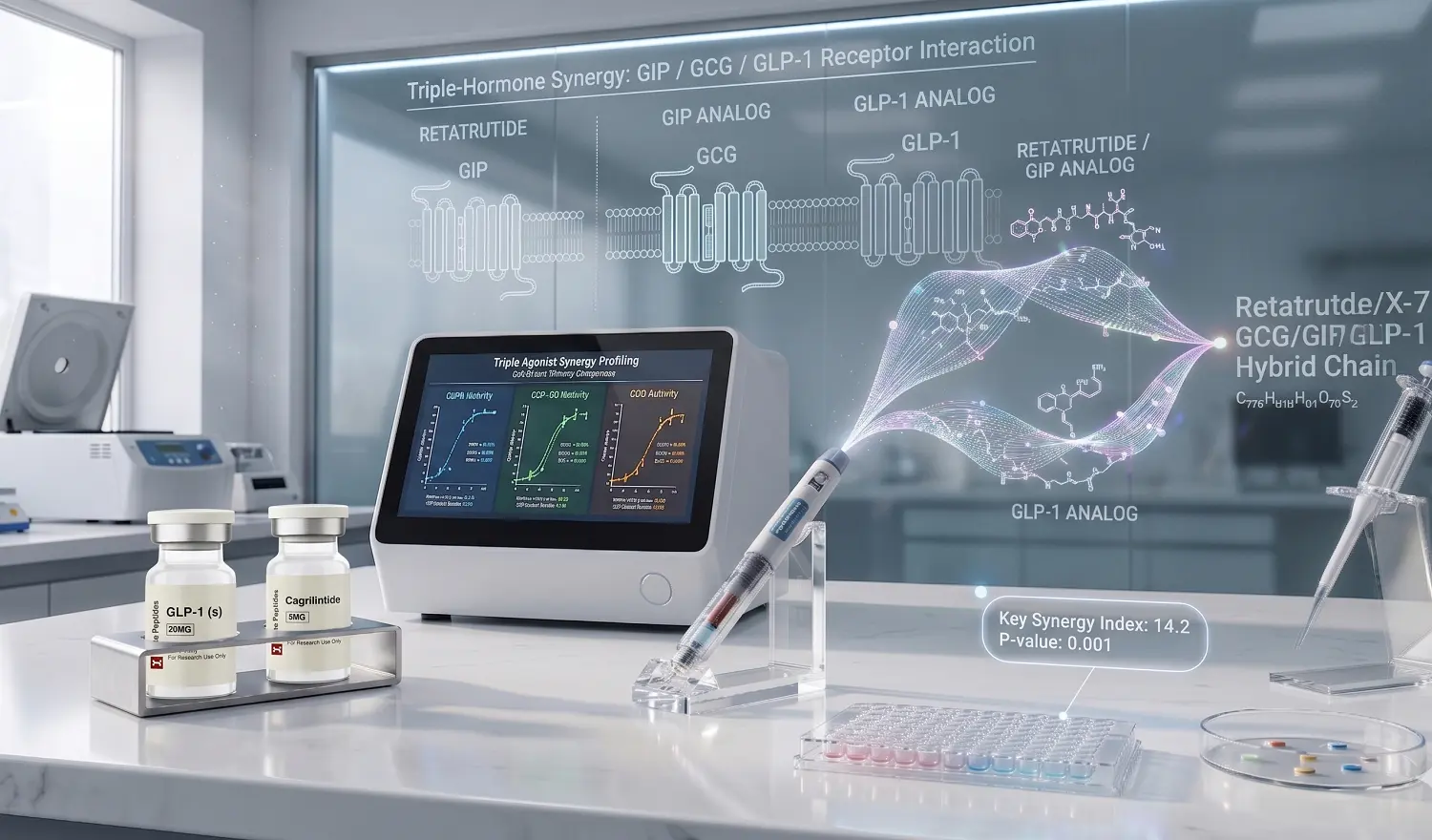 Lab desk displaying CagriSema research vials, a syringe pen, and digital peptide synergy graphs.