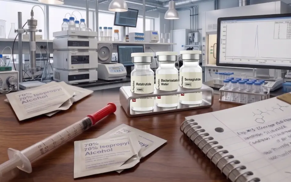 Common peptide mixing mistakes illustrated by a research lab setup showing lyophilised peptide vials, bacteriostatic water, a syringe and isopropyl alcohol swabs