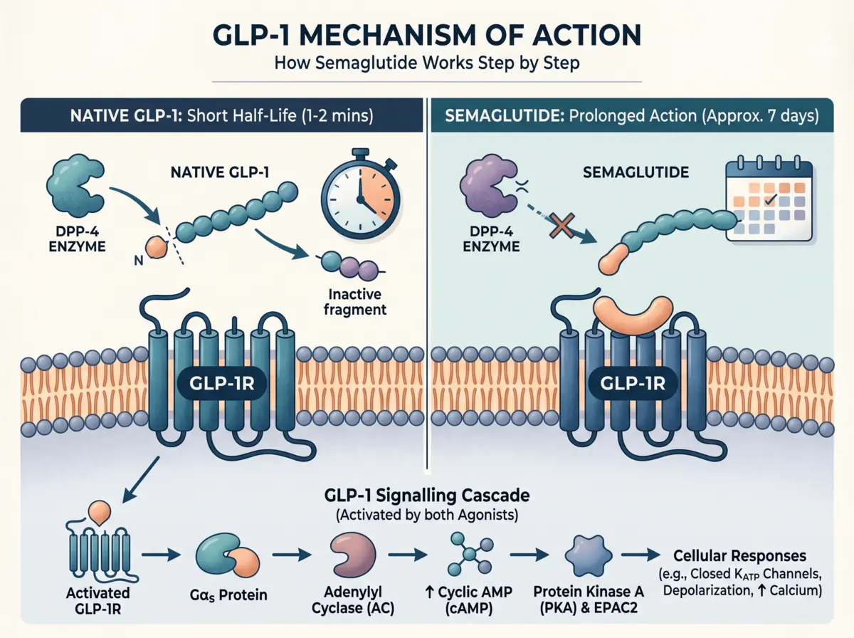 Diagram comparing native GLP-1 (degraded by DPP-4 in 1–2 minutes) versus semaglutide (DPP-4 resistant, ~7 days), both activating GLP-1R and triggering the cAMP–PKA–EPAC2 signalling cascade leading to cellular responses.