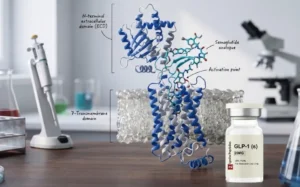 3D molecular model illustrating the GLP-1 mechanism — semaglutide analogue docking at the activation point of the GLP-1 receptor, showing the N-terminal extracellular domain (ECD), 7-transmembrane domain, and a GLP-1 (S) 20mg research vial from Ignite Peptides in a lab setting