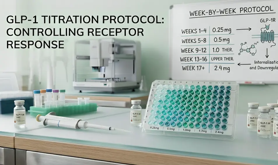 Laboratory setup showing a GLP-1 titration schedule whiteboard with a week-by-week dosing protocol from 0.25mg to 2.4mg, alongside labeled vials, a syringe, and a multi-well assay plate.