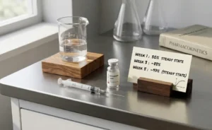 Lab desk displaying half-life of semaglutide notes, a medical syringe, vial, and pharmacokinetics book.