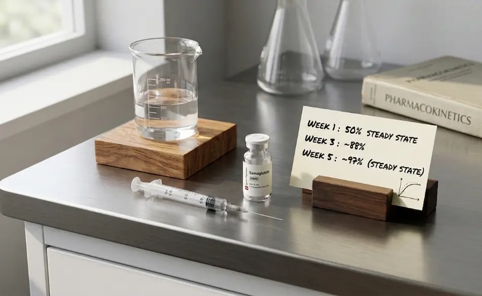 Lab desk displaying half-life of semaglutide notes, a medical syringe, vial, and pharmacokinetics book.
