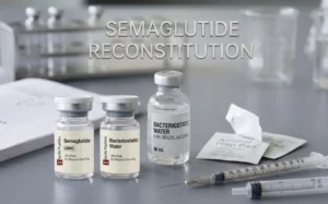 Supplies needed to mix semaglutide for research, including a 20mg lyophilized semaglutide vial, bacteriostatic water with 0.9% benzyl alcohol, alcohol prep pads, and sterile syringes on a lab surface