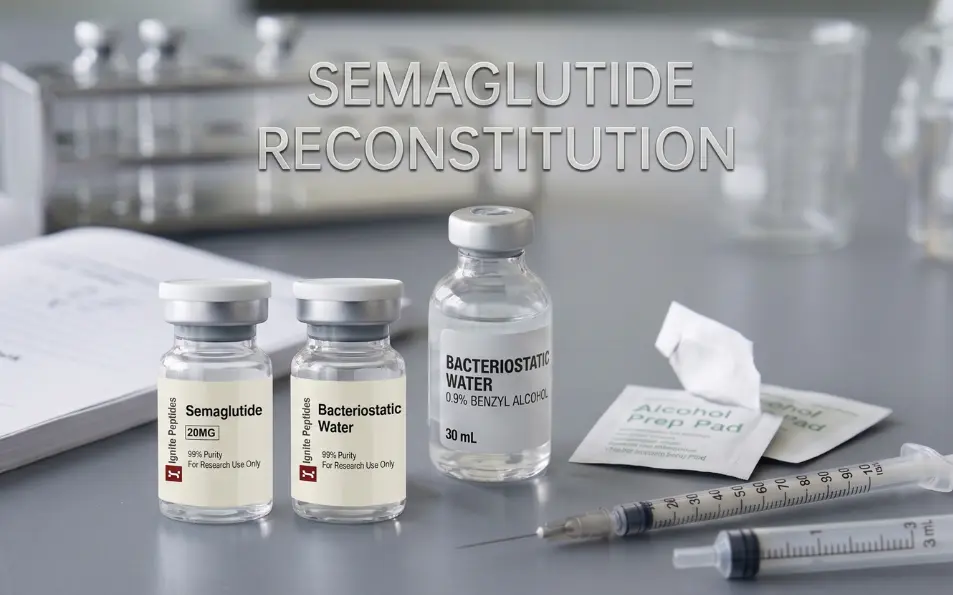 Supplies needed to mix semaglutide for research, including a 20mg lyophilized semaglutide vial, bacteriostatic water with 0.9% benzyl alcohol, alcohol prep pads, and sterile syringes on a lab surface