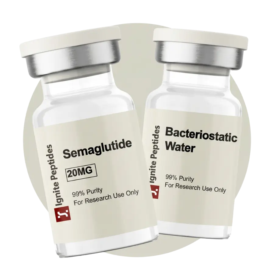 Two glass vials side-by-side labeled Semaglutide 20mg and Bacteriostatic Water from Ignite Peptides.