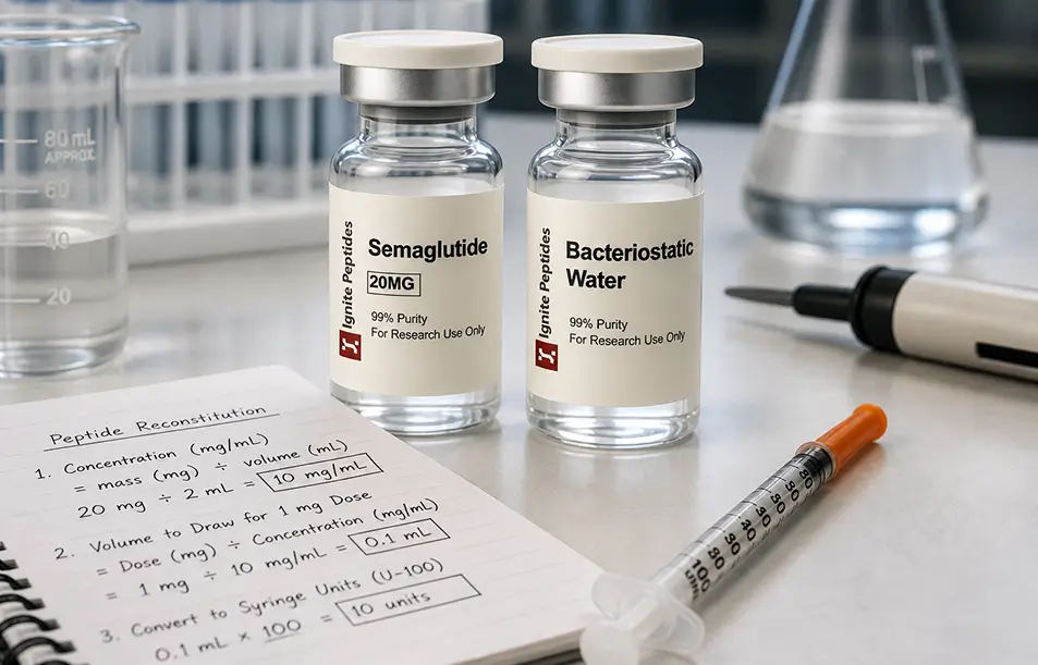 A close-up view of two 'Ignite Peptides' vials labeled Semaglutide and Bacteriostatic Water, next to an insulin syringe, lab beakers, and a handwritten notebook showing three steps on how to calculate mg to mL and dose volume.