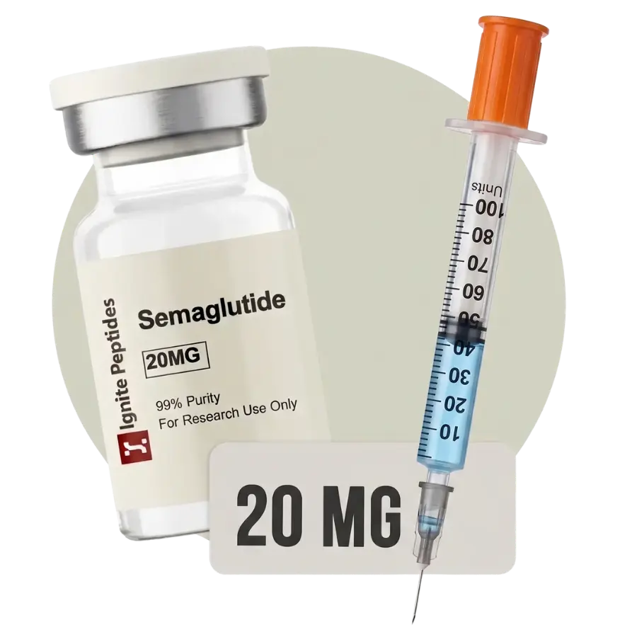 An insulin syringe with blue liquid next to a 20mg Semaglutide vial and a 20mg text overlay.