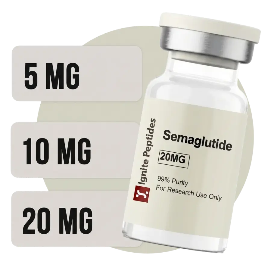 A vial of Ignite Peptides Semaglutide next to labels indicating 5mg, 10mg, and 20mg availability.