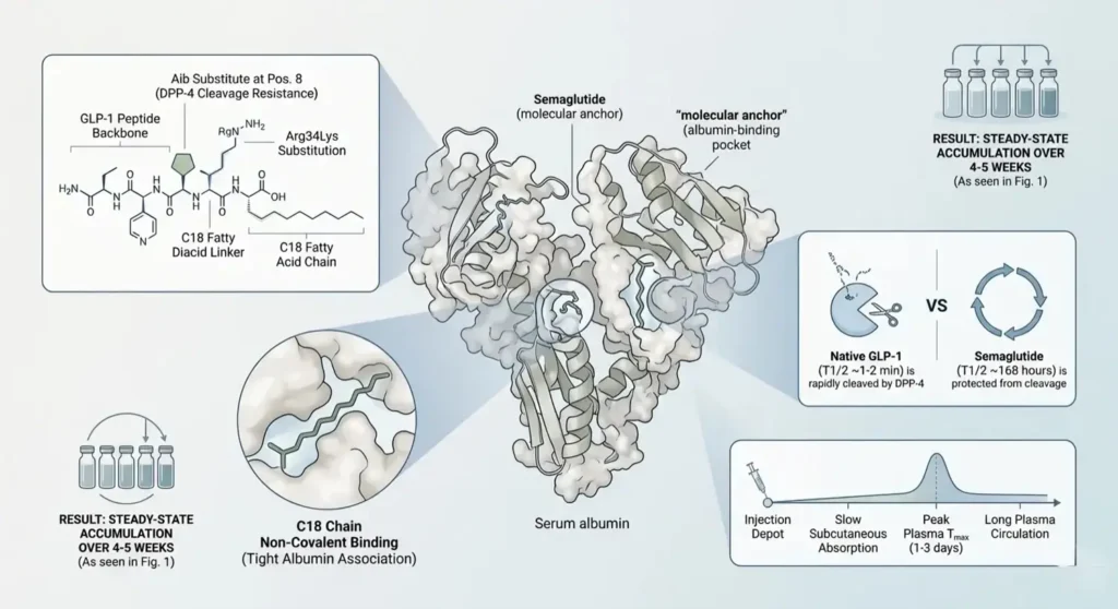 Diagram illustrating semaglutide molecular structure, serum albumin binding, and long plasma circulation pharmacokinetic properties.