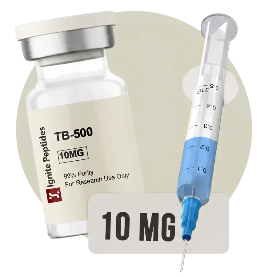 A 10mg TB-500 vial next to a syringe filled with a light blue liquid, placed over a "10 MG" label.
