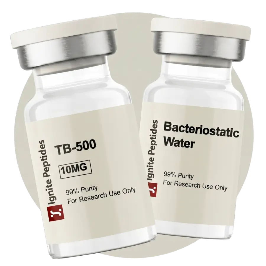 Two vials side-by-side: one containing TB-500 (10mg) and the other containing Bacteriostatic Water.